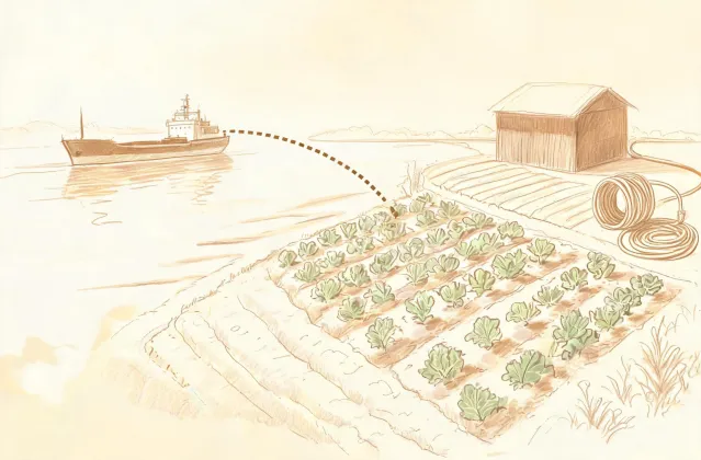 Illustrated route from a packing point to an irrigation field