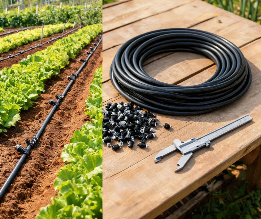Drip hose at a vegetable bed beside a component inspection bench